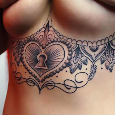 Heart With Key Hole Under Breast Tattoo
