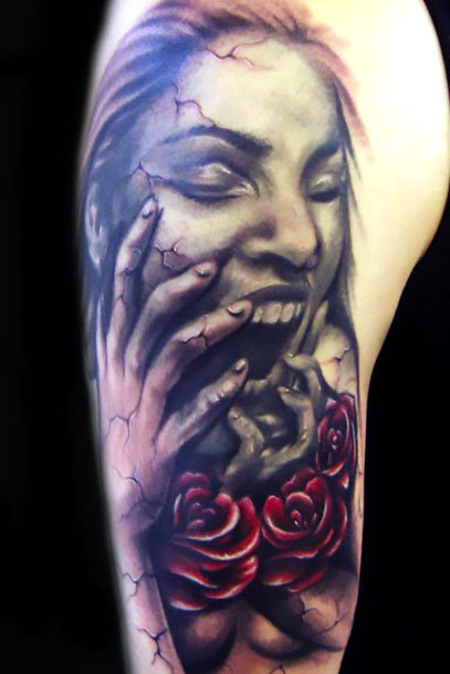 Horror Girl Face Tattoo Idea