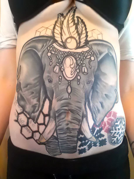 Indian Elephant on Stomach Tattoo Idea