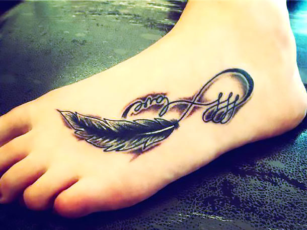 Infinity With Feather on Foot Tattoo Idea