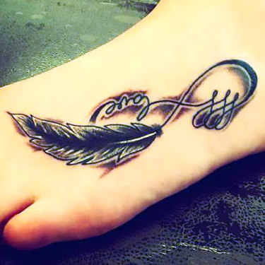 Infinity With Feather on Foot Tattoo