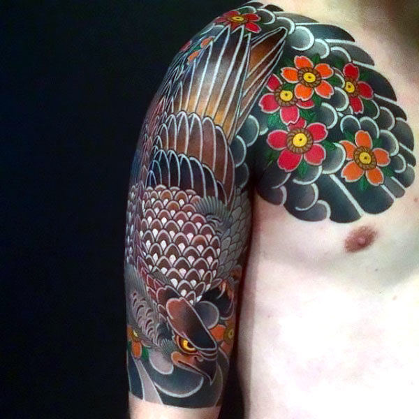 Birds Flowers HawksEagles Japanese Sleeve Tattoo  Slave to the Needle
