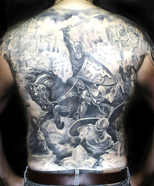 Sketch work skull knight tattoo on the inner forearm