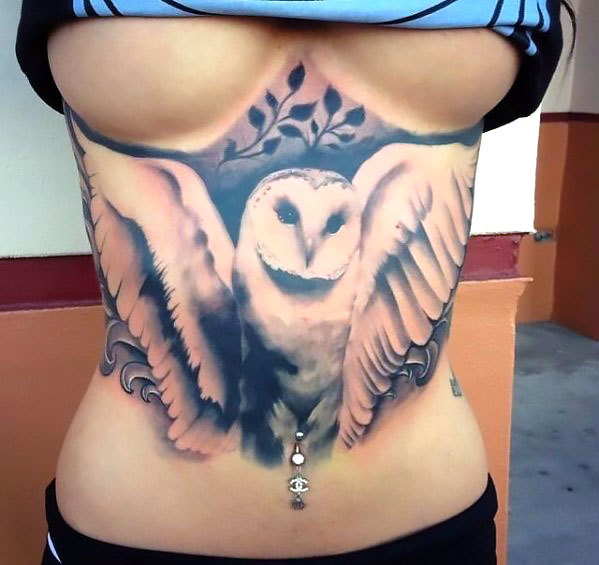 White Owl on Stomach Tattoo Idea