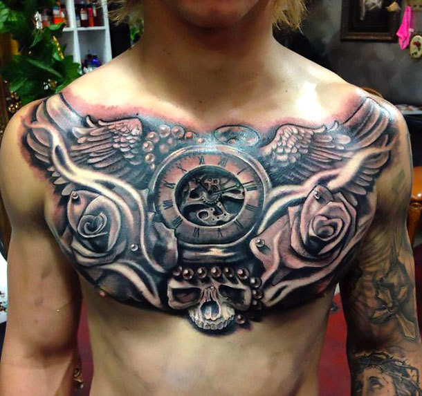 Wings Clock Rose Skull on Chest Tattoo Idea