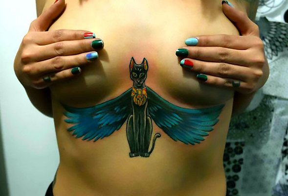 Egyptian Cat Under Breast Tattoo Idea