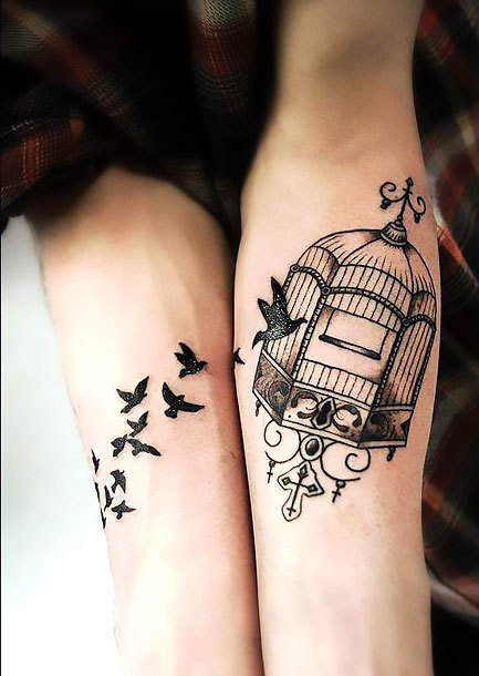 Matching Birdcage and Birds Tattoo Idea