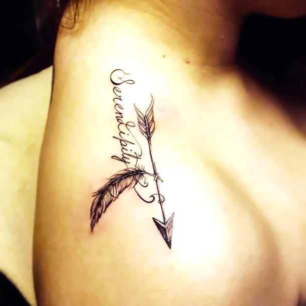 Serendipity Arrow on Top of the Shoulder Tattoo Idea