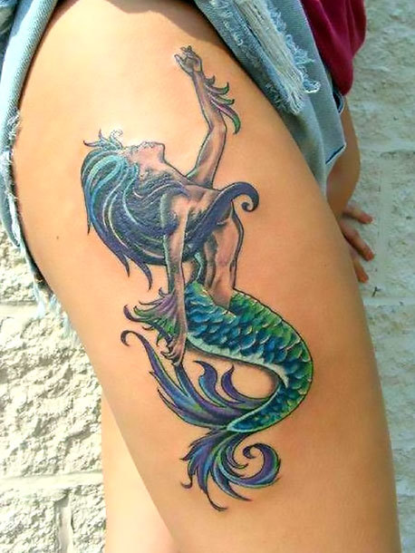 Mermaid on Thigh for Women Tattoo Idea