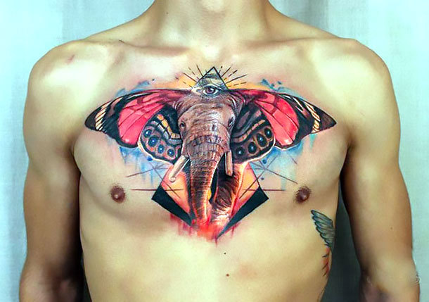 Elephant Butterfly on Chest Tattoo Idea