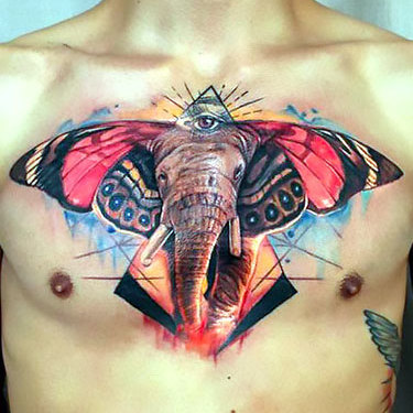 Elephant Butterfly on Chest Tattoo
