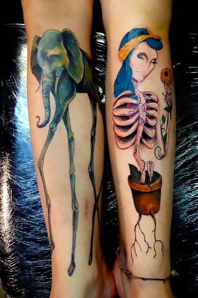 Surrealistic Elephant on Calf Tattoo Idea