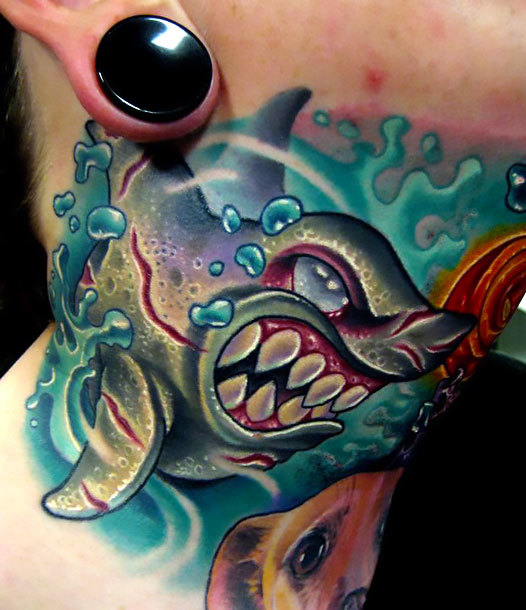 New School Shark Tattoo on Neck Tattoo Idea
