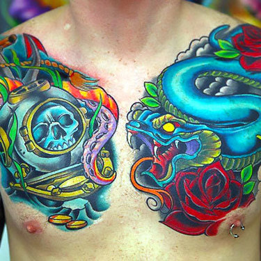 Neo Traditional Snake and Skull Tattoo
