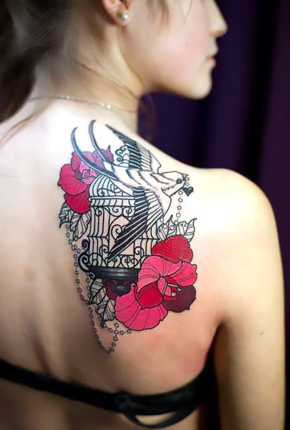 Nice Birdcage and Swallow Tattoo Idea