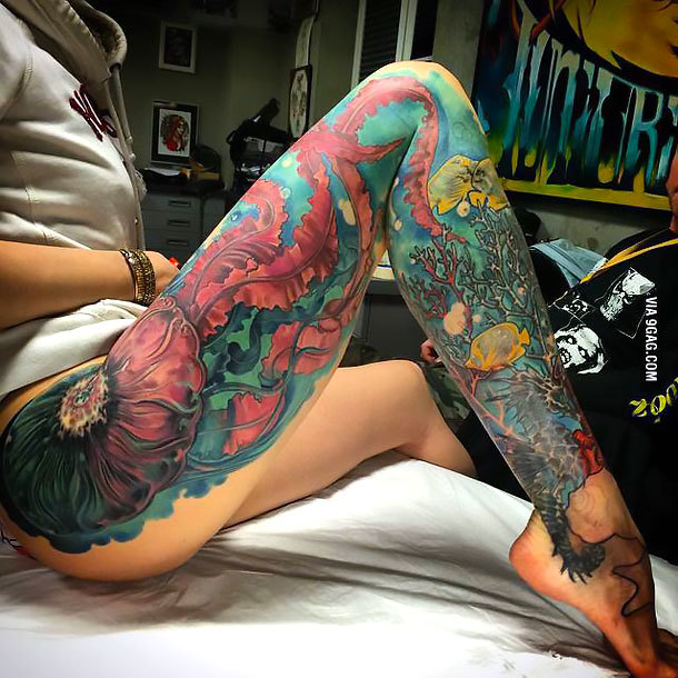 Ocean Full Leg Tattoo Idea