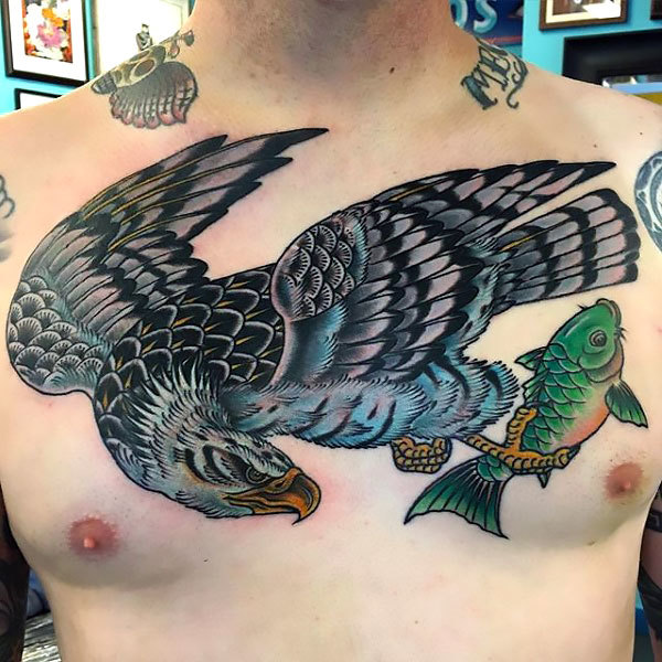 Old School Hawk With Fish Tattoo Idea