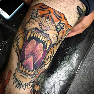 Tiger on Thigh for Guy Tattoo