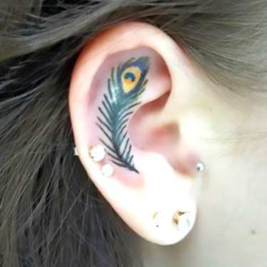 Tiny Peacock Feather on Ear Tattoo