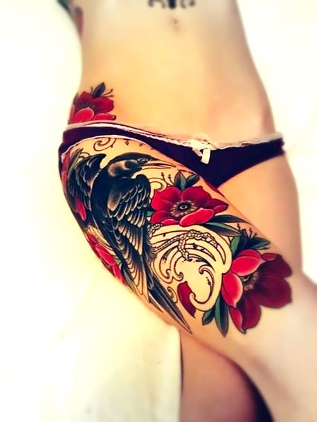 Traditional Crow on Hip Tattoo Idea