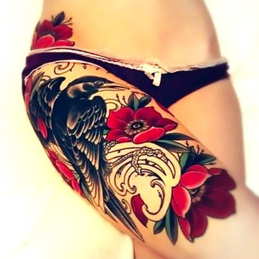 Traditional Crow on Hip Tattoo