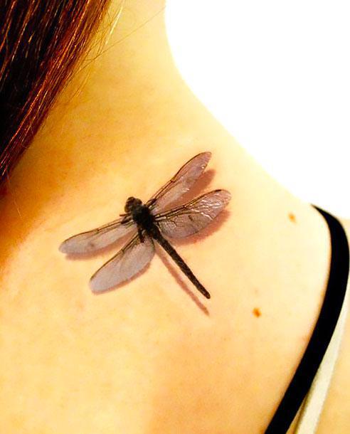 3D Dragonfly On Back Tattoo Idea