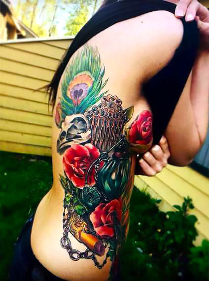 Traditional Skull and Rose on Rib Cage Tattoo Idea