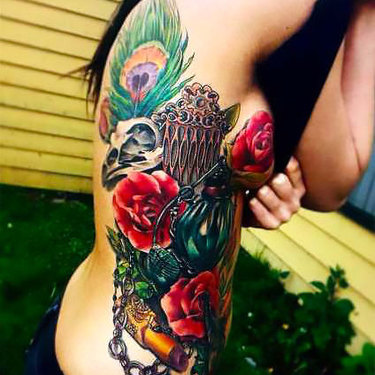 Traditional Skull and Rose on Rib Cage Tattoo