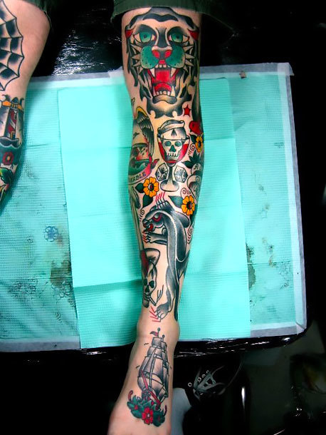 Traditional Tattoo on Leg Tattoo Idea