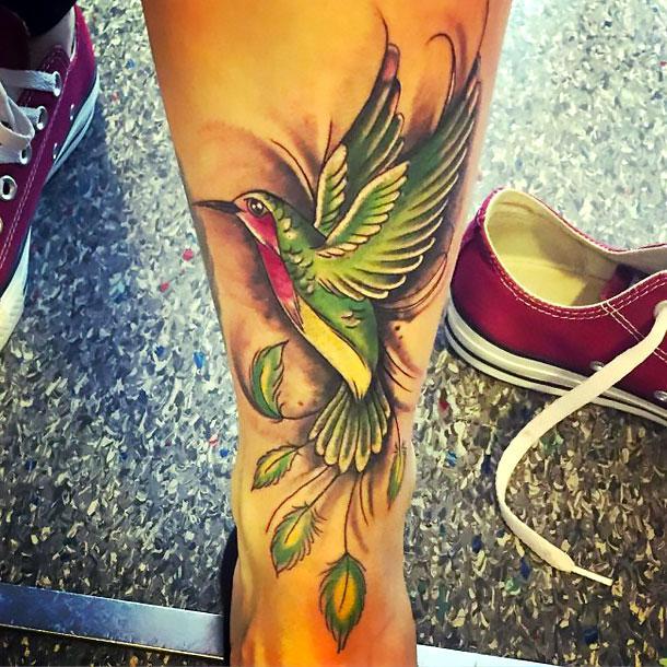 Awesome Hummingbird on Calf Tattoo Idea