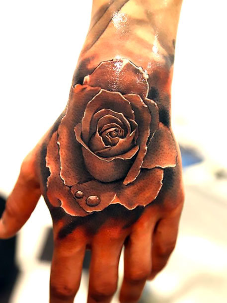 Realistic Rose on Hand Tattoo Idea