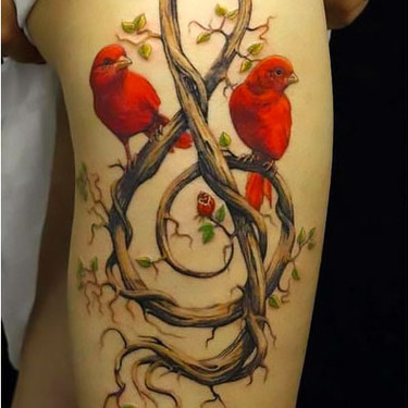 Red Birds on Treble Clef Tattoo