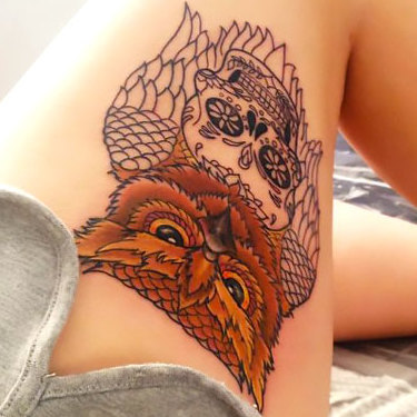 Owl on Outer Thigh Tattoo