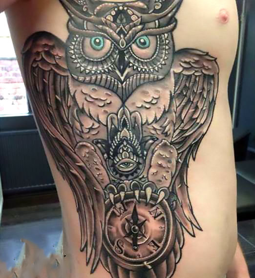 Owl on Ribs for Men Tattoo Idea