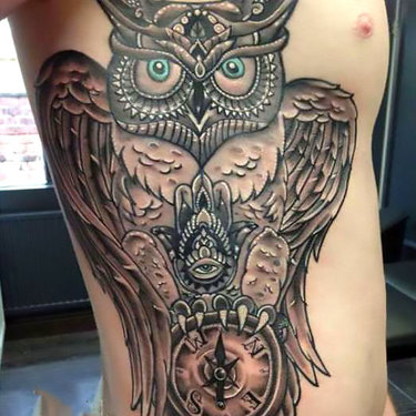 Owl on Ribs for Men Tattoo