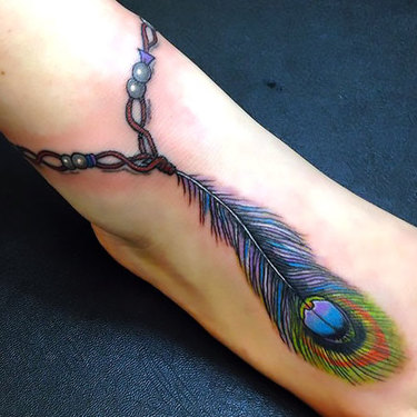 Peacock Feather on Ankle Tattoo