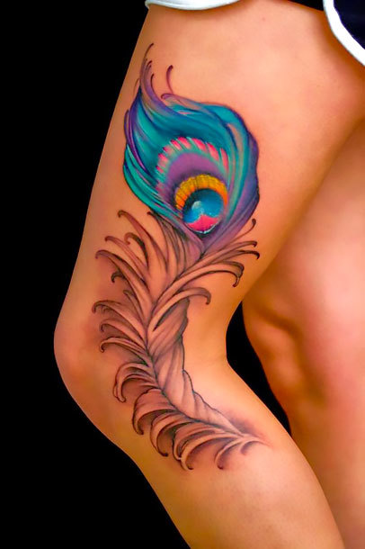 Peacock Feather on Leg Tattoo Idea