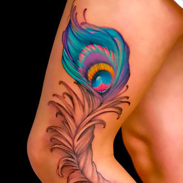 Peacock Feather on Leg Tattoo