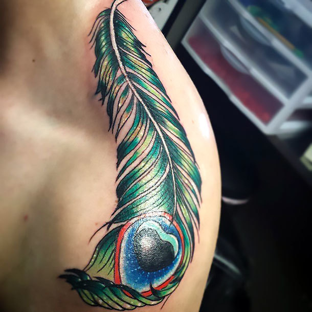 Peacock Feather on Shoulder Tattoo Idea
