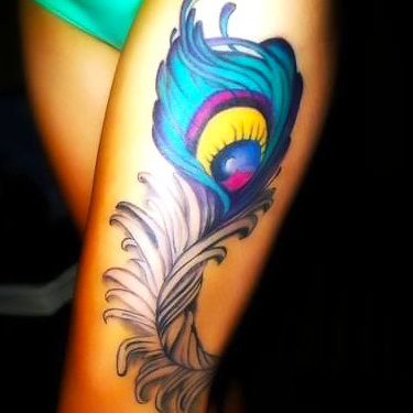Peacock Feather on Thigh Tattoo
