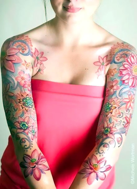 Pink Floral Sleeves Tattoo Idea