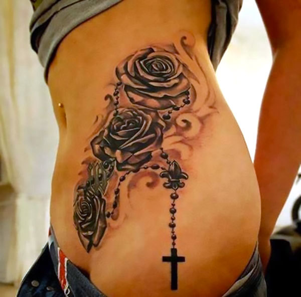 Roses and Cross on Hip Tattoo Idea