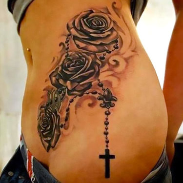 Roses and Cross on Hip Tattoo