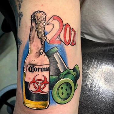 Beer Bottle And Respirator Tattoo
