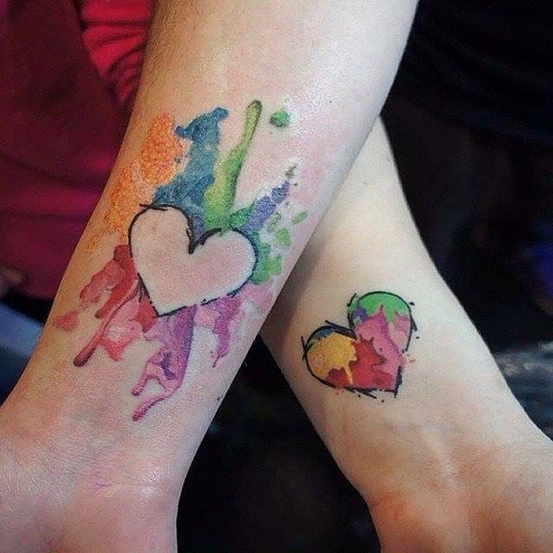 Matching Colorful Hearts Tattoo Idea