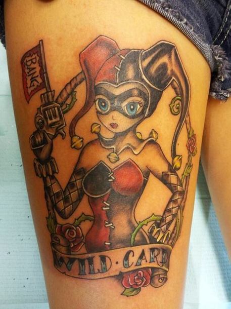 Harley Quinn Tattoo With Wild Card Banner Tattoo Idea