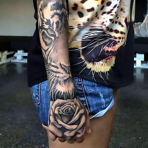 Amazing Beautiful Tiger Sleeve Tattoo Idea