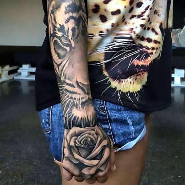 Amazing Beautiful Tiger Sleeve Tattoo