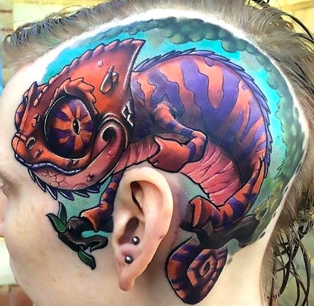 Chameleon Tattoo on Head Tattoo Idea