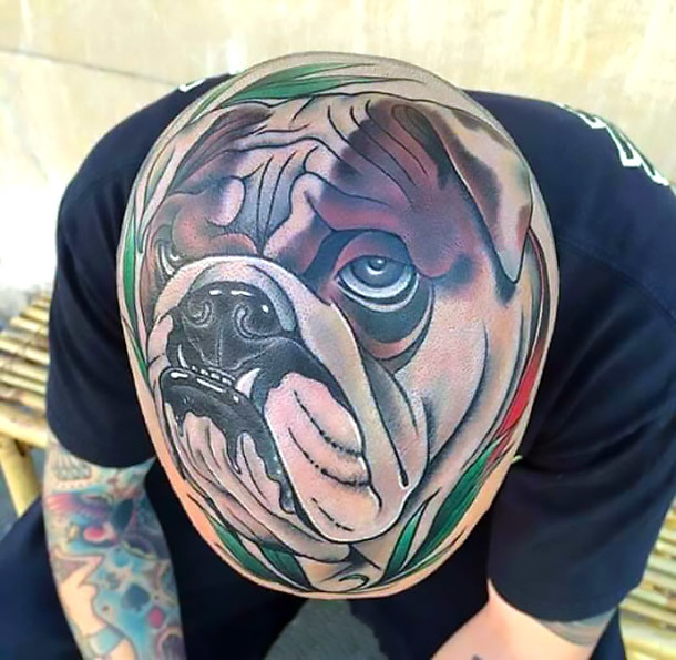 Crazy Bulldog Tattoo on Head Tattoo Idea